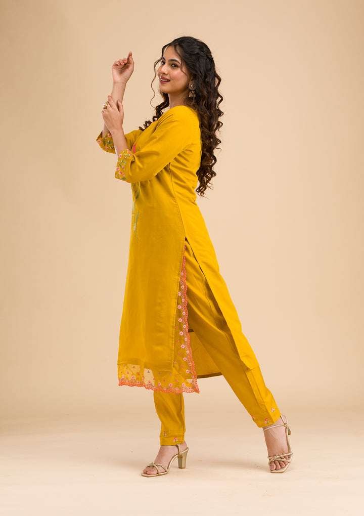 Mustard Applique Cotton Readymade Salwar Suit