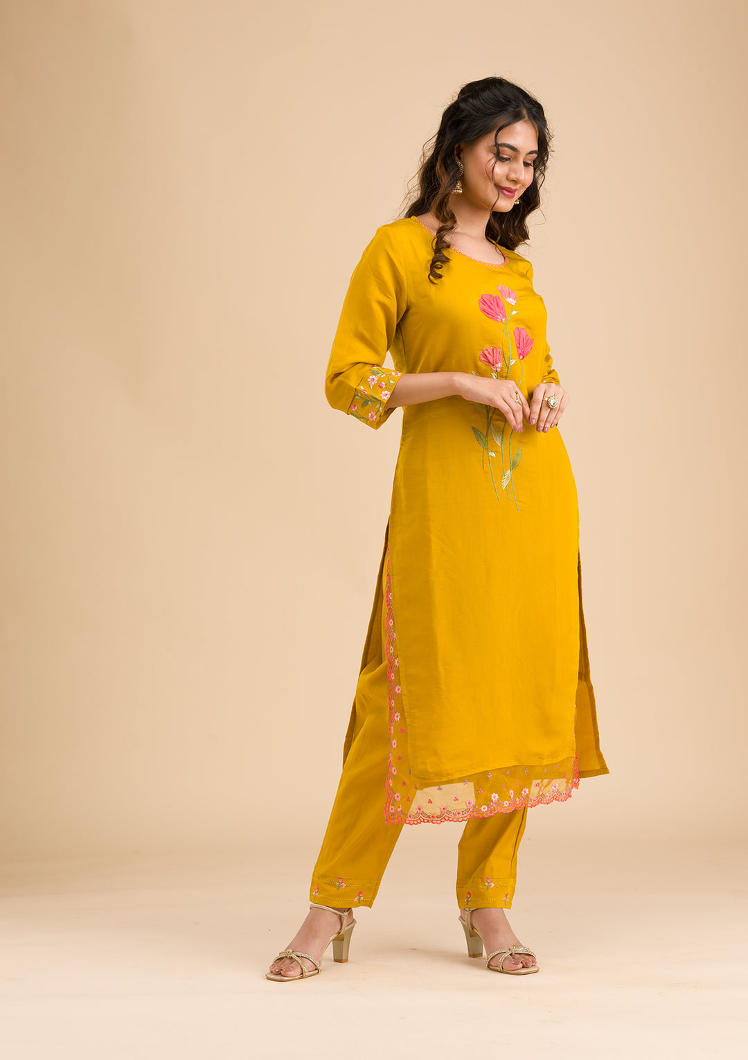 Mustard Applique Cotton Readymade Salwar Suit