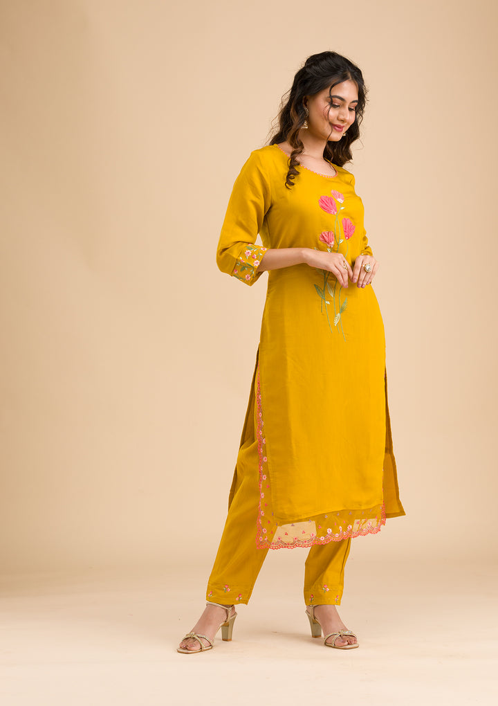 Mustard Applique Cotton Readymade Salwar Suit