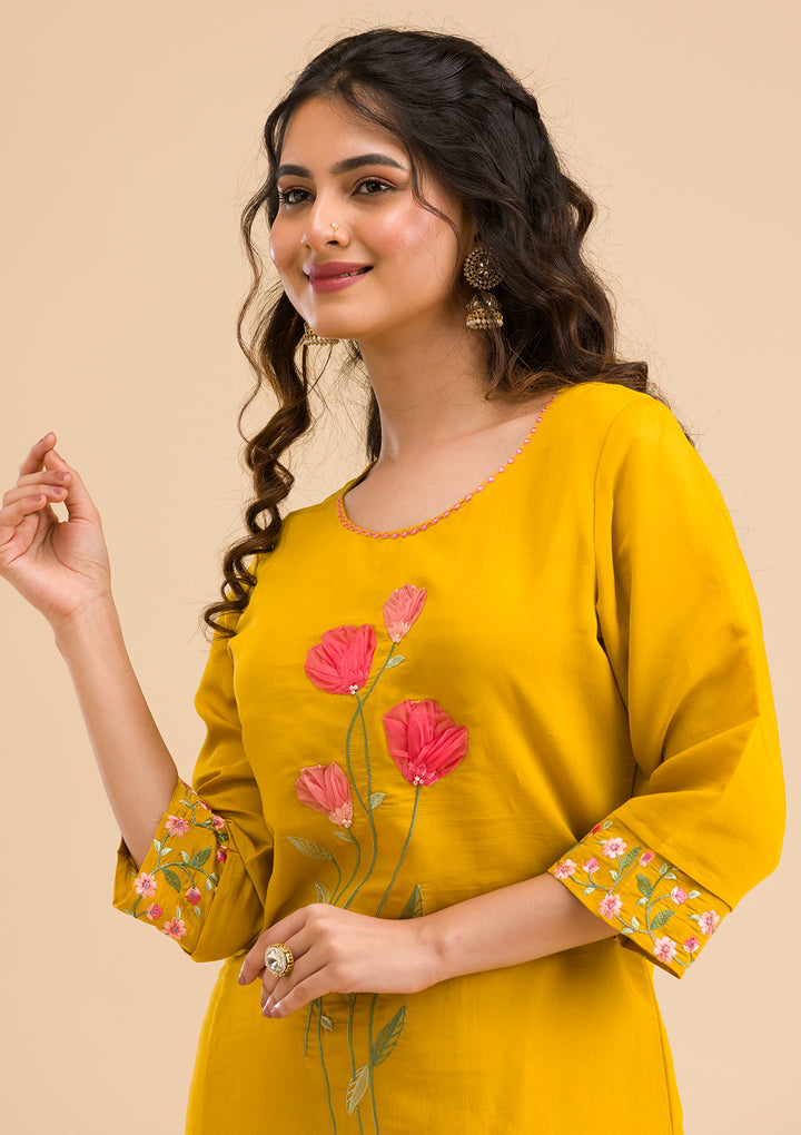 Mustard Applique Cotton Readymade Salwar Suit