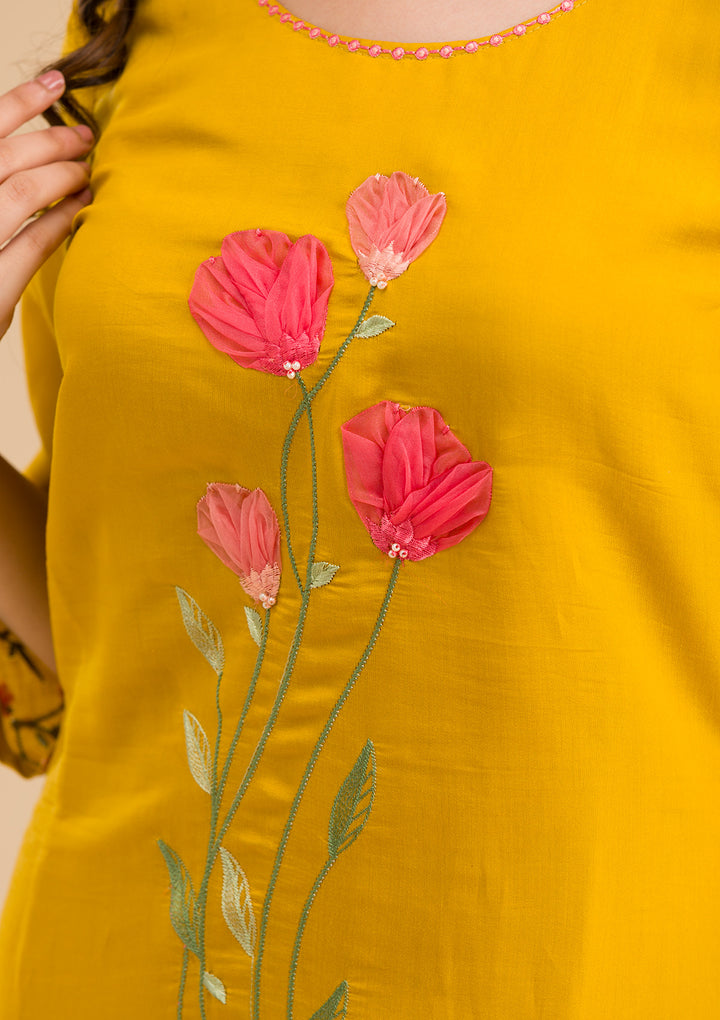 Mustard Applique Cotton Readymade Salwar Suit