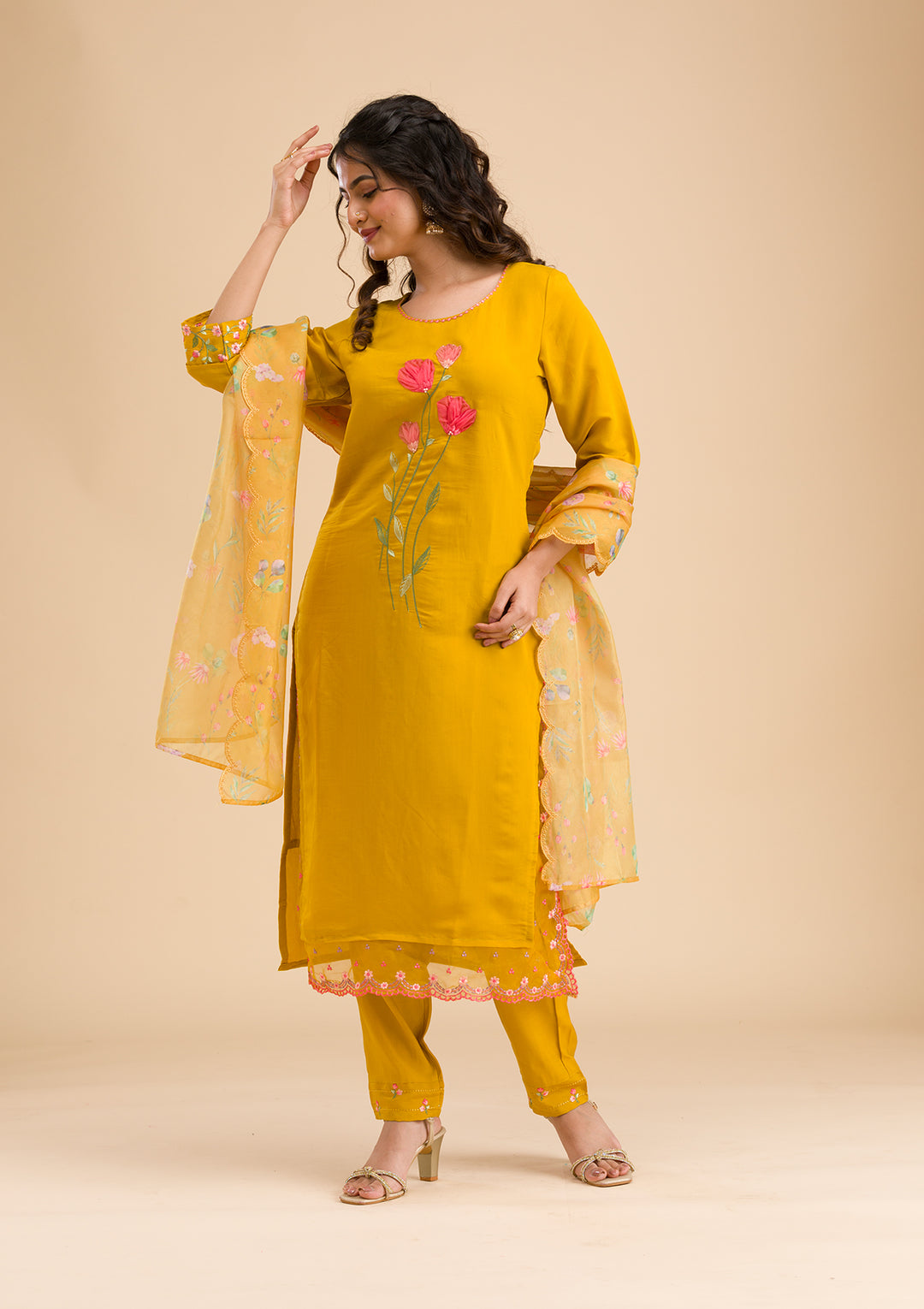 Mustard Applique Cotton Readymade Salwar Suit