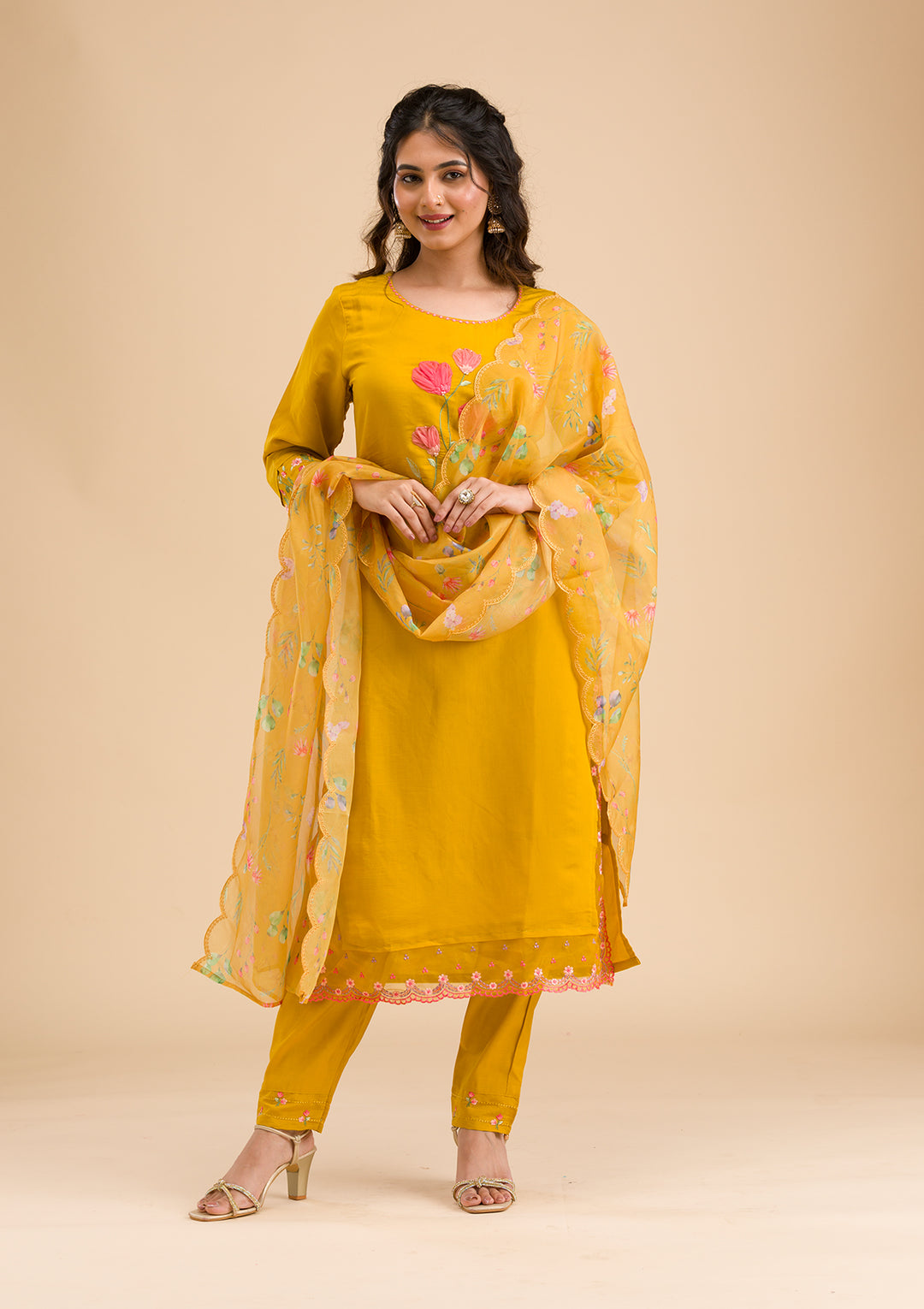 Mustard Applique Cotton Readymade Salwar Suit