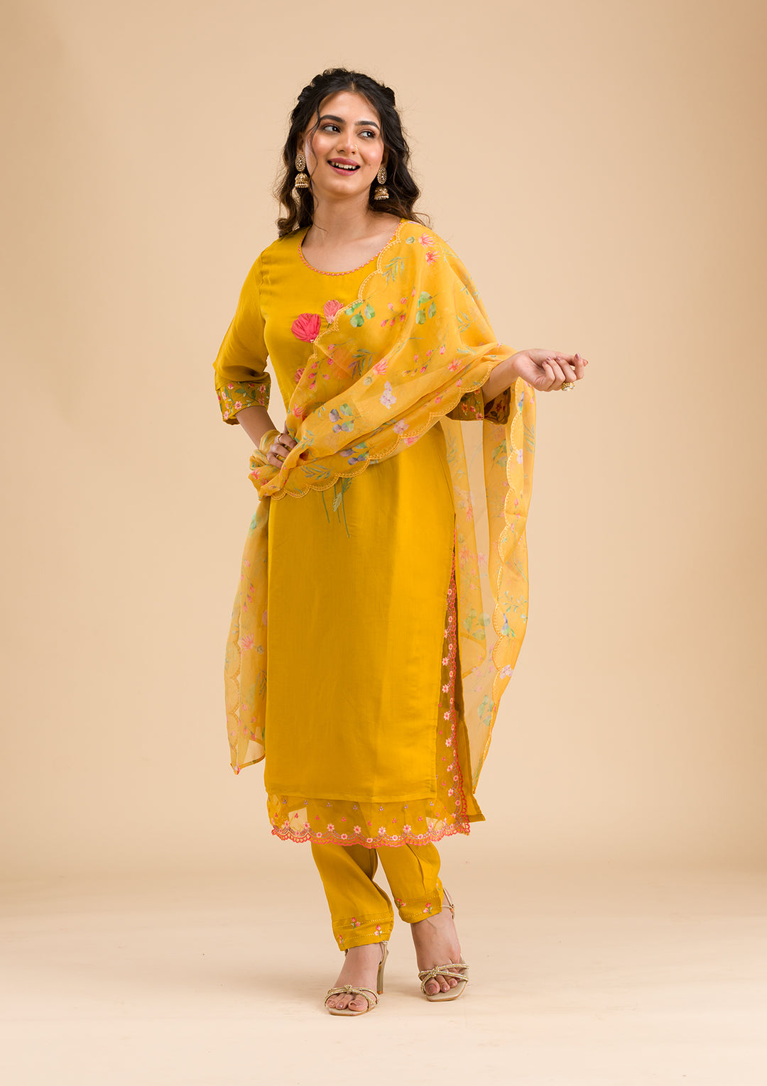 Mustard Applique Cotton Readymade Salwar Suit