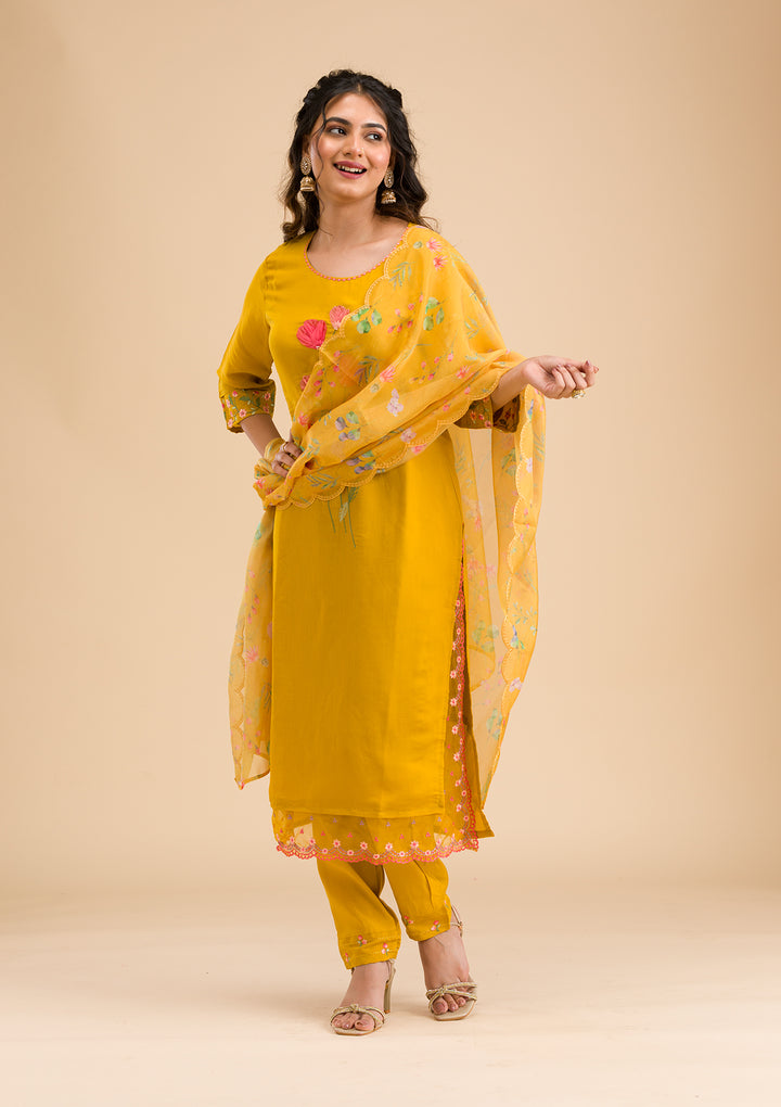 Mustard Applique Cotton Readymade Salwar Suit