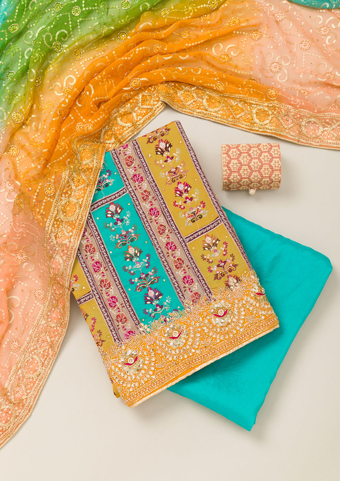Mustard Cutdana Chiffon Unstitched Salwar Suit