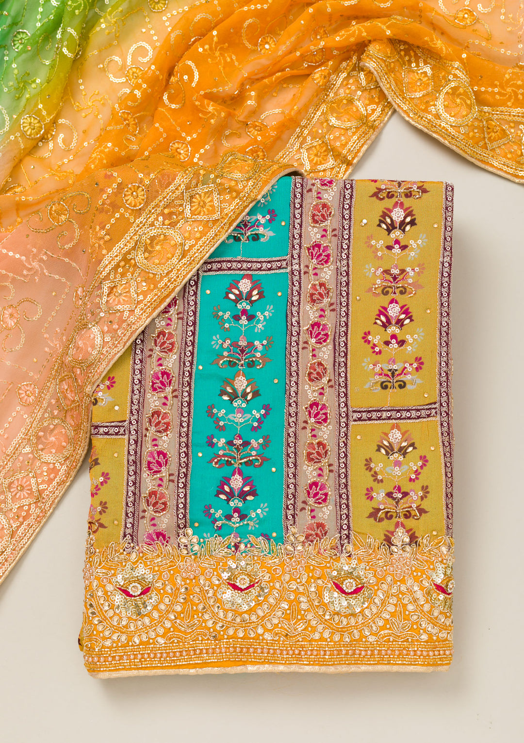 Mustard Cutdana Chiffon Unstitched Salwar Suit