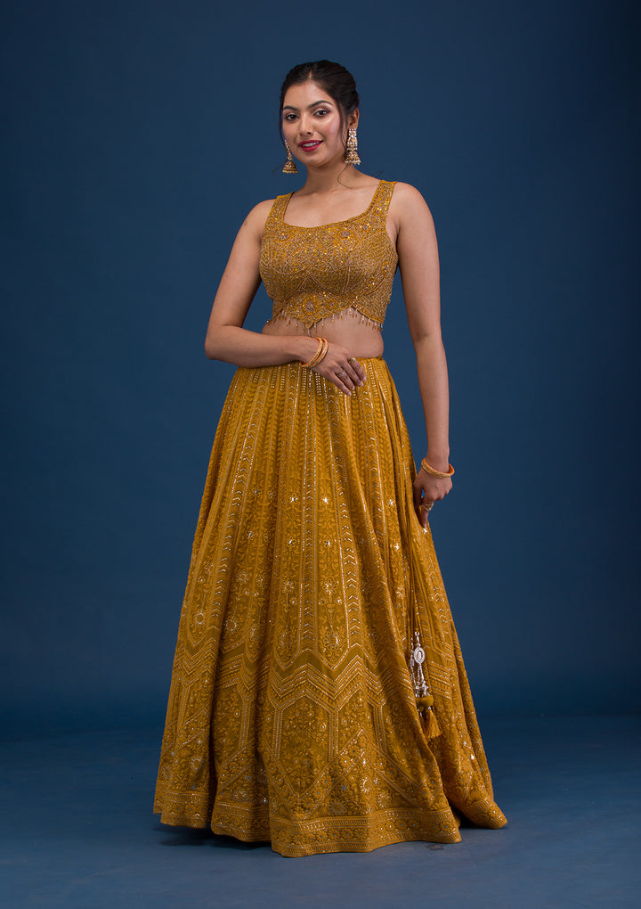 Mustard Cutdana Georgette Readymade Lehenga