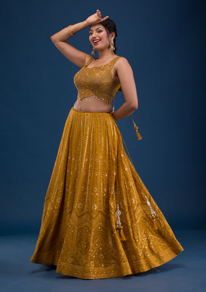 Mustard Cutdana Georgette Readymade Lehenga