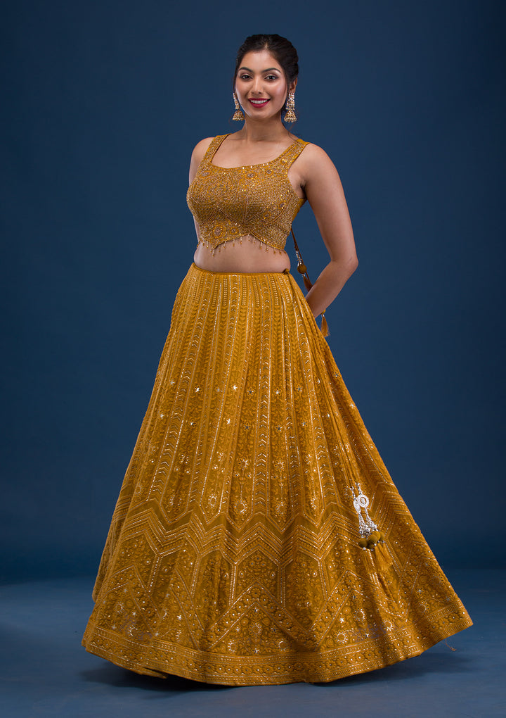 Mustard Cutdana Georgette Readymade Lehenga