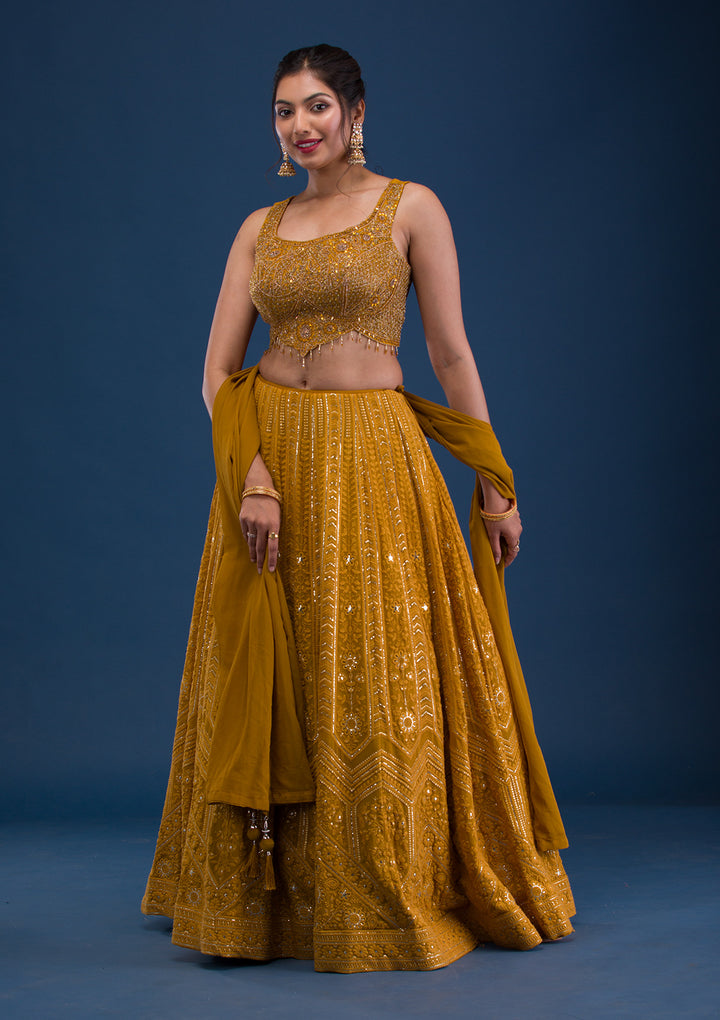 Mustard Cutdana Georgette Readymade Lehenga