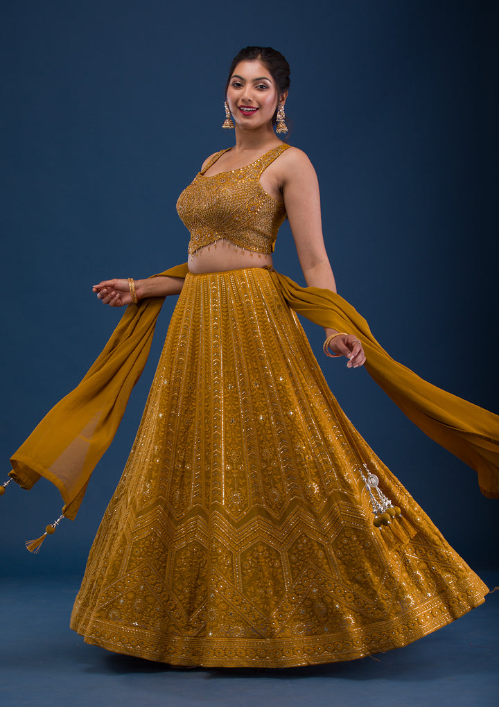 Mustard Cutdana Georgette Readymade Lehenga