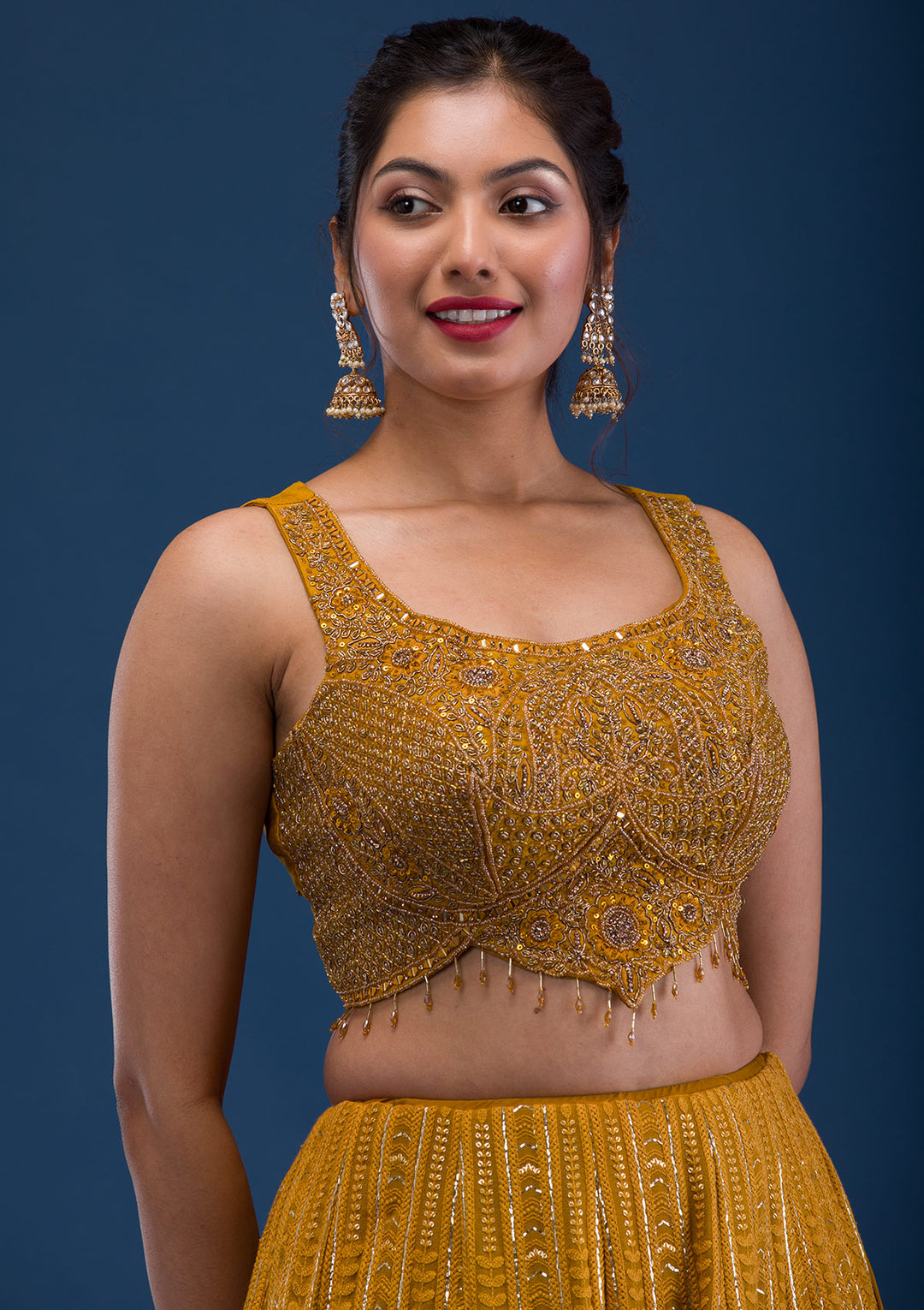 Mustard Cutdana Georgette Readymade Lehenga