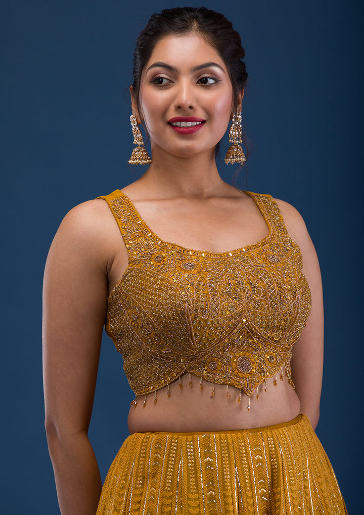 Mustard Cutdana Georgette Readymade Lehenga