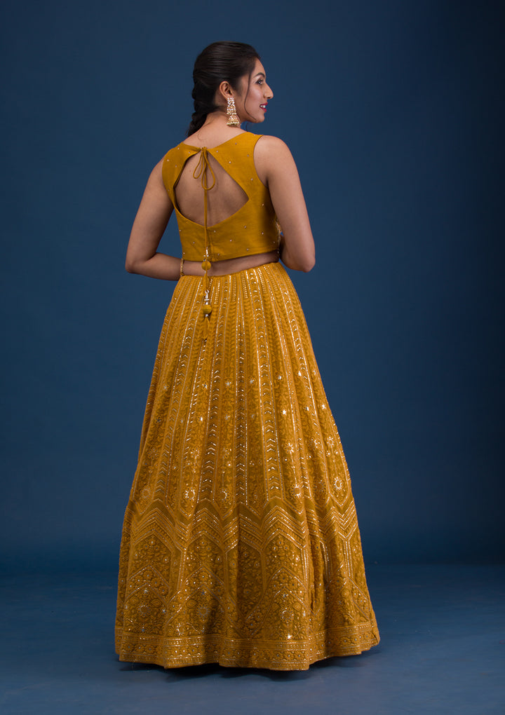 Mustard Cutdana Georgette Readymade Lehenga