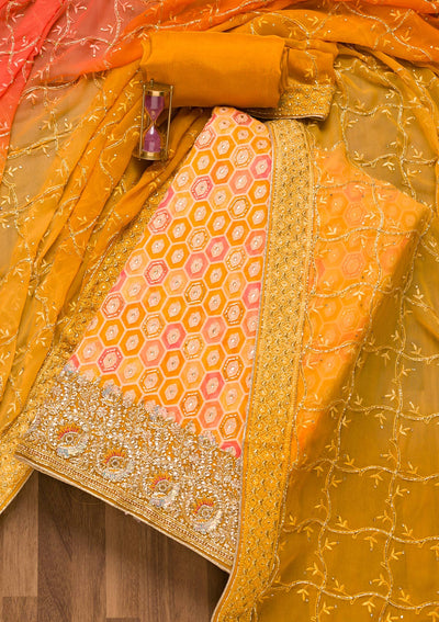 Mustard Cutdana Georgette Unstitched Salwar Suit-Koskii