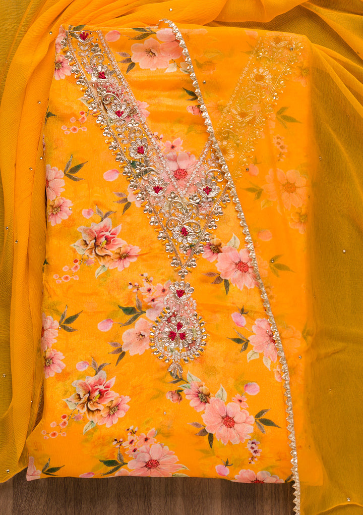 Mustard Cutdana Semi Crepe Unstitched Salwar Suit