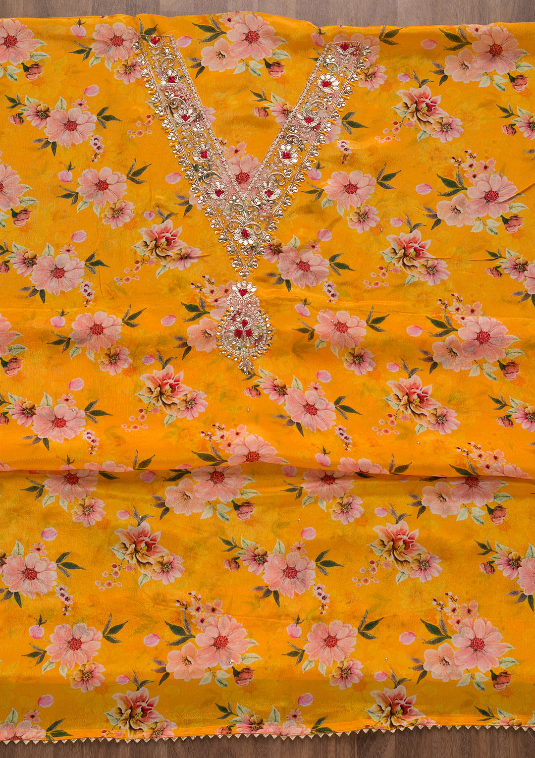 Mustard Cutdana Semi Crepe Unstitched Salwar Suit
