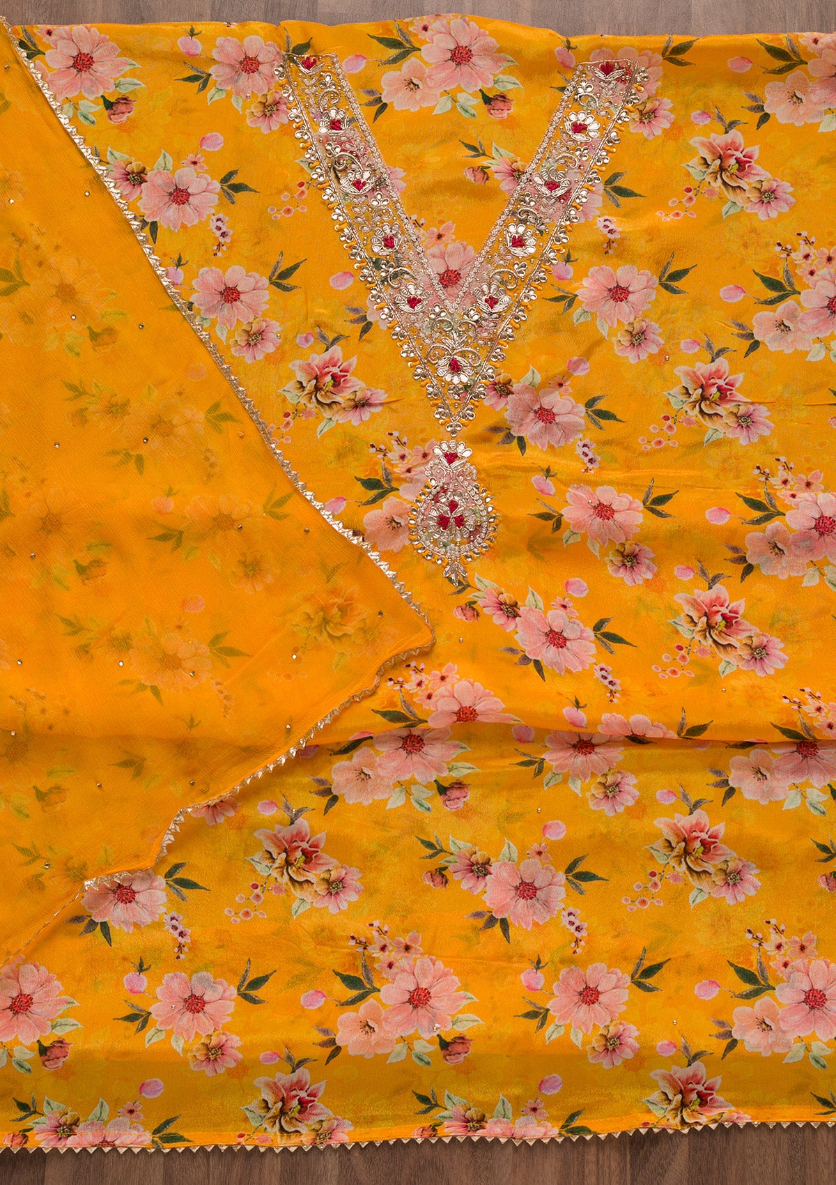 Mustard Cutdana Semi Crepe Unstitched Salwar Suit