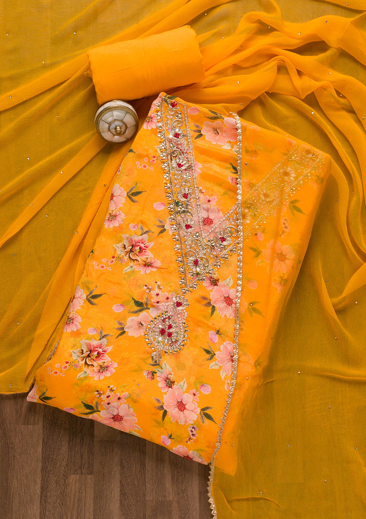 Mustard Cutdana Semi Crepe Unstitched Salwar Suit