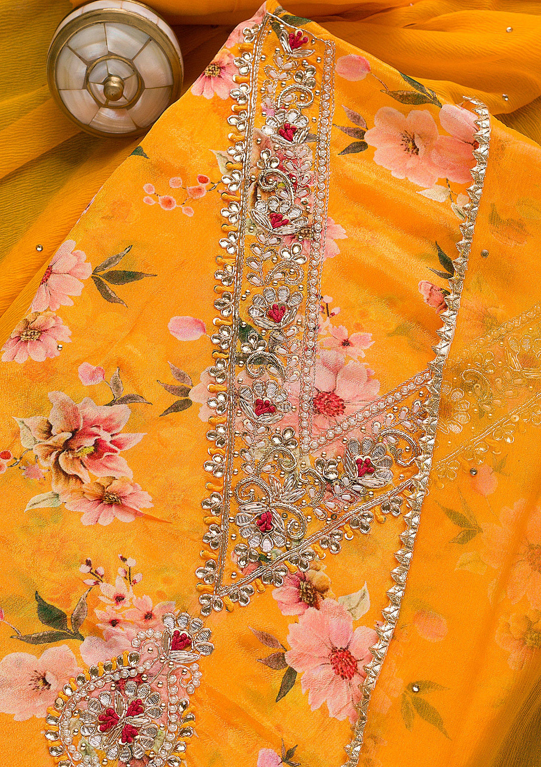 Mustard Cutdana Semi Crepe Unstitched Salwar Suit