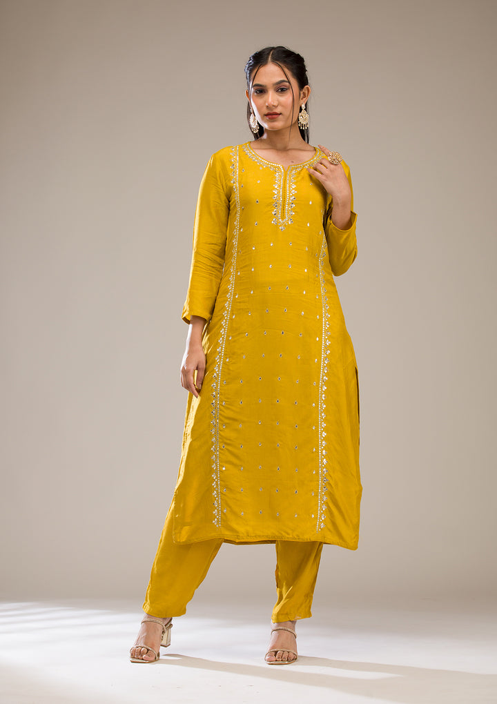 Mustard Gotapatti Semi Crepe Readymade Salwar Suit