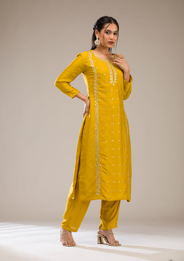 Mustard Gotapatti Semi Crepe Readymade Salwar Suit