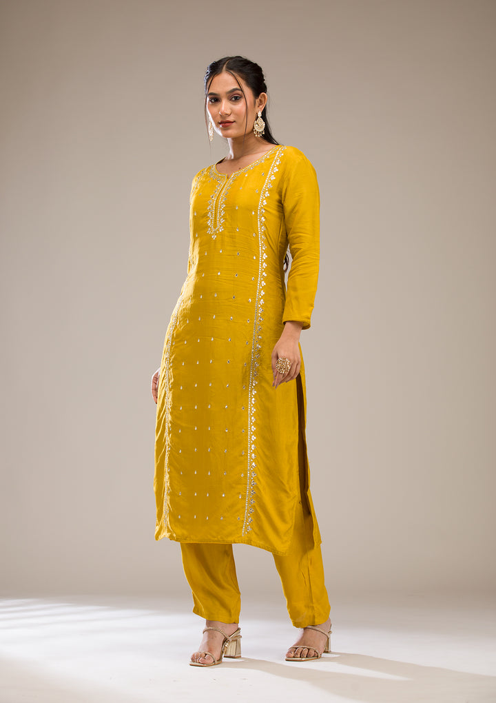 Mustard Gotapatti Semi Crepe Readymade Salwar Suit