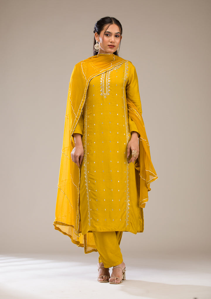 Mustard Gotapatti Semi Crepe Readymade Salwar Suit