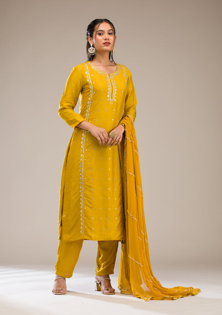 Mustard Gotapatti Semi Crepe Readymade Salwar Suit