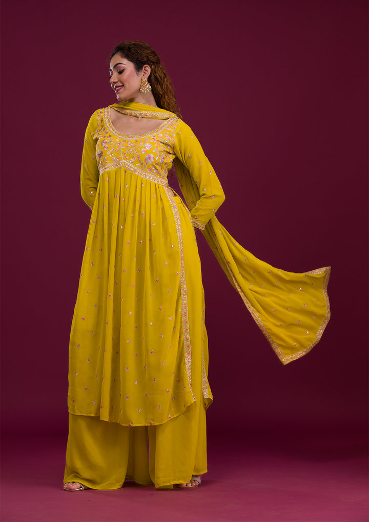 Mustard Kashmiri Threadwork Georgette Readymade Salwar Suit-Koskii