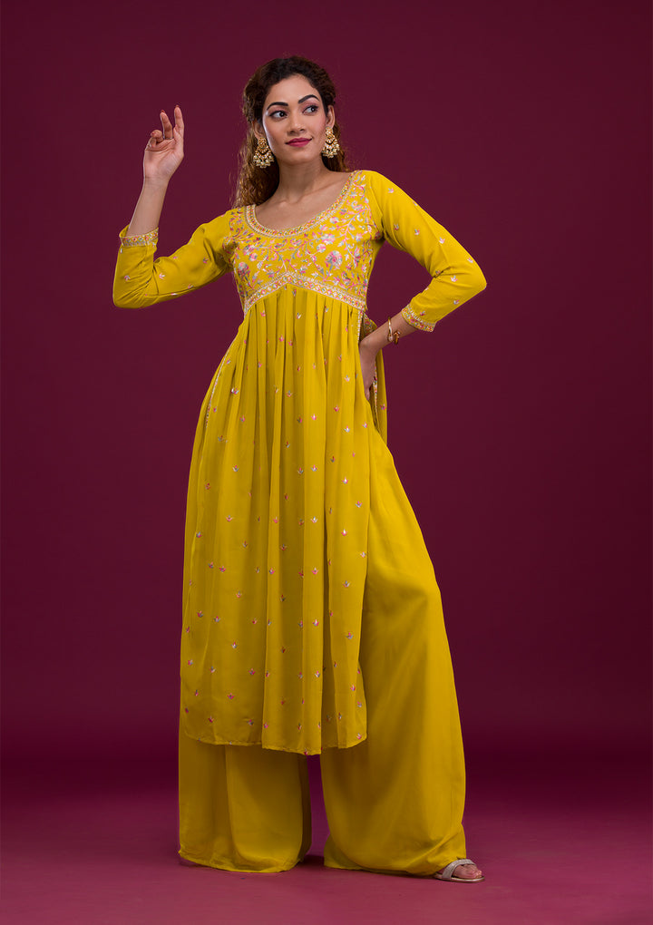 Mustard Kashmiri Threadwork Georgette Readymade Salwar Suit-Koskii