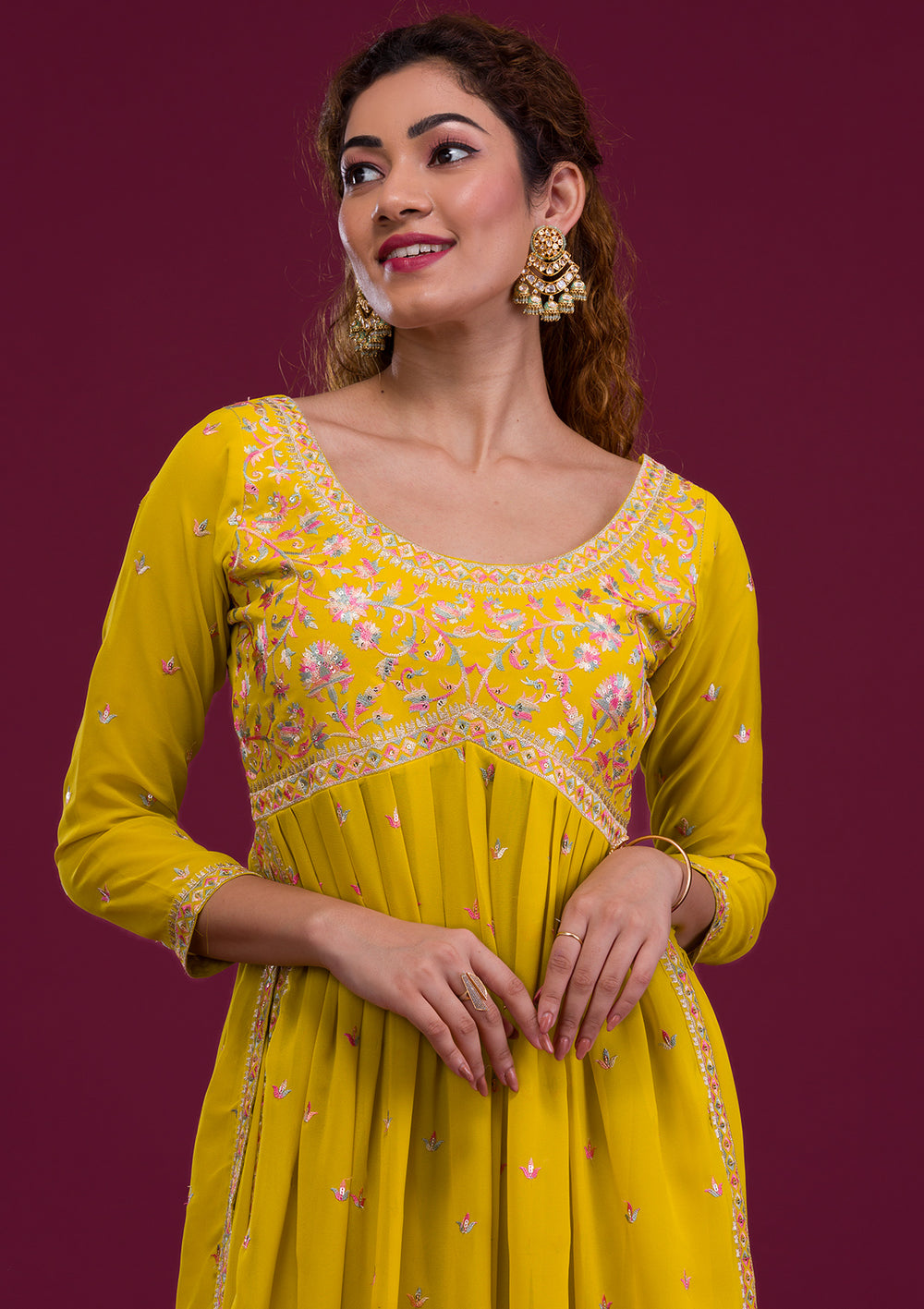 Mustard Kashmiri Threadwork Georgette Readymade Salwar Suit-Koskii