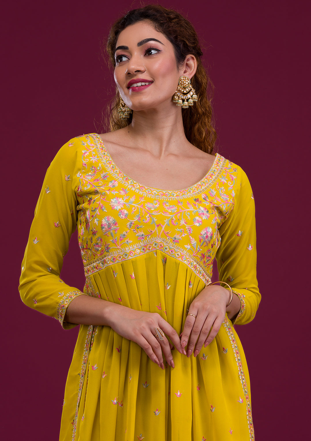 Mustard Kashmiri Threadwork Georgette Readymade Salwar Suit-Koskii