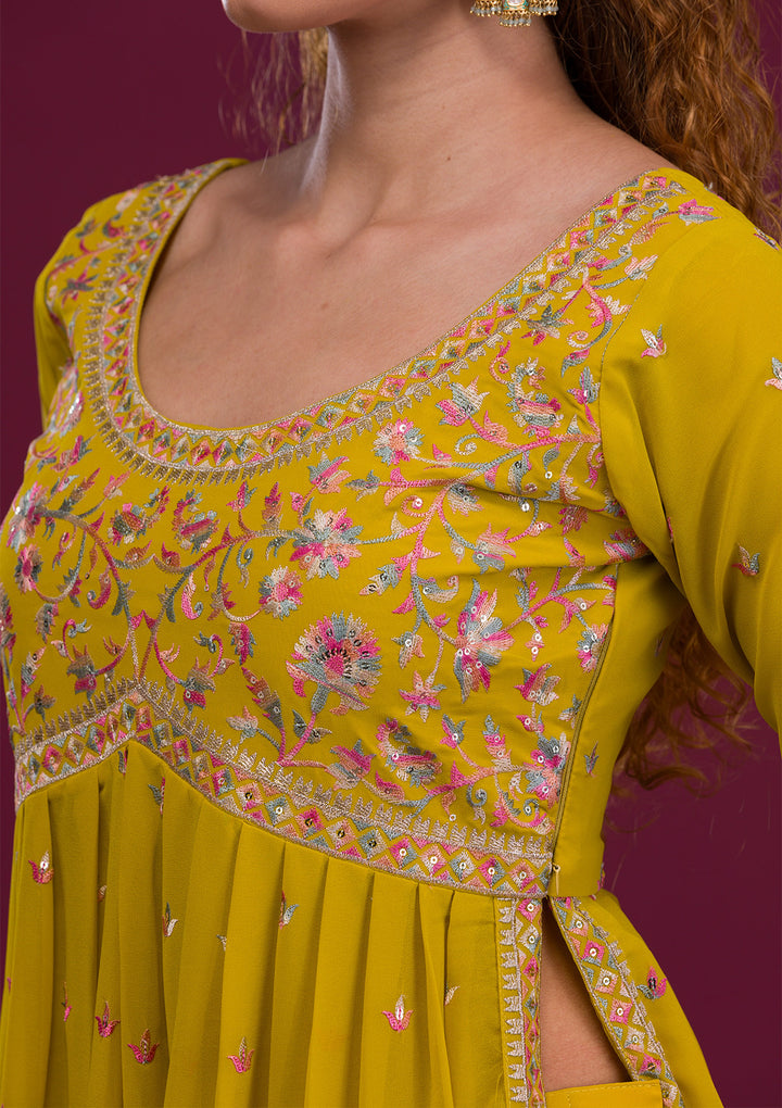 Mustard Kashmiri Threadwork Georgette Readymade Salwar Suit