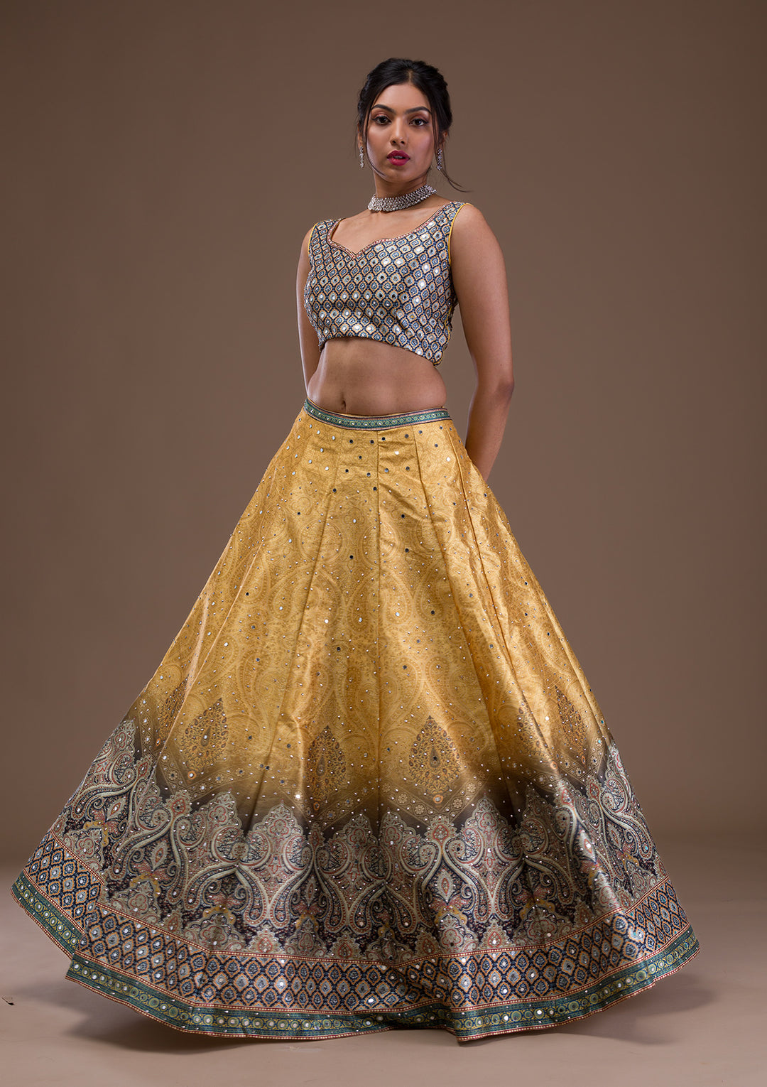 Mustard Mirrorwork Banarasi Readymade Lehenga