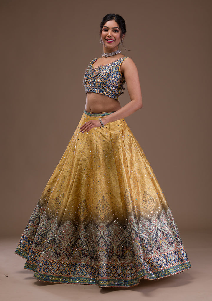 Mustard Mirrorwork Banarasi Readymade Lehenga