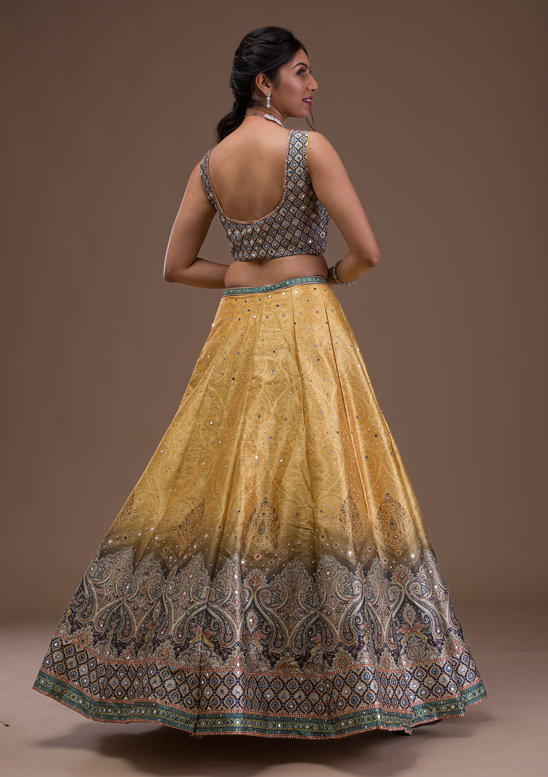 Mustard Mirrorwork Banarasi Readymade Lehenga