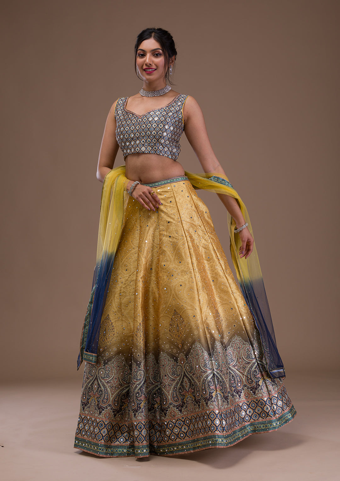 Mustard Mirrorwork Banarasi Readymade Lehenga