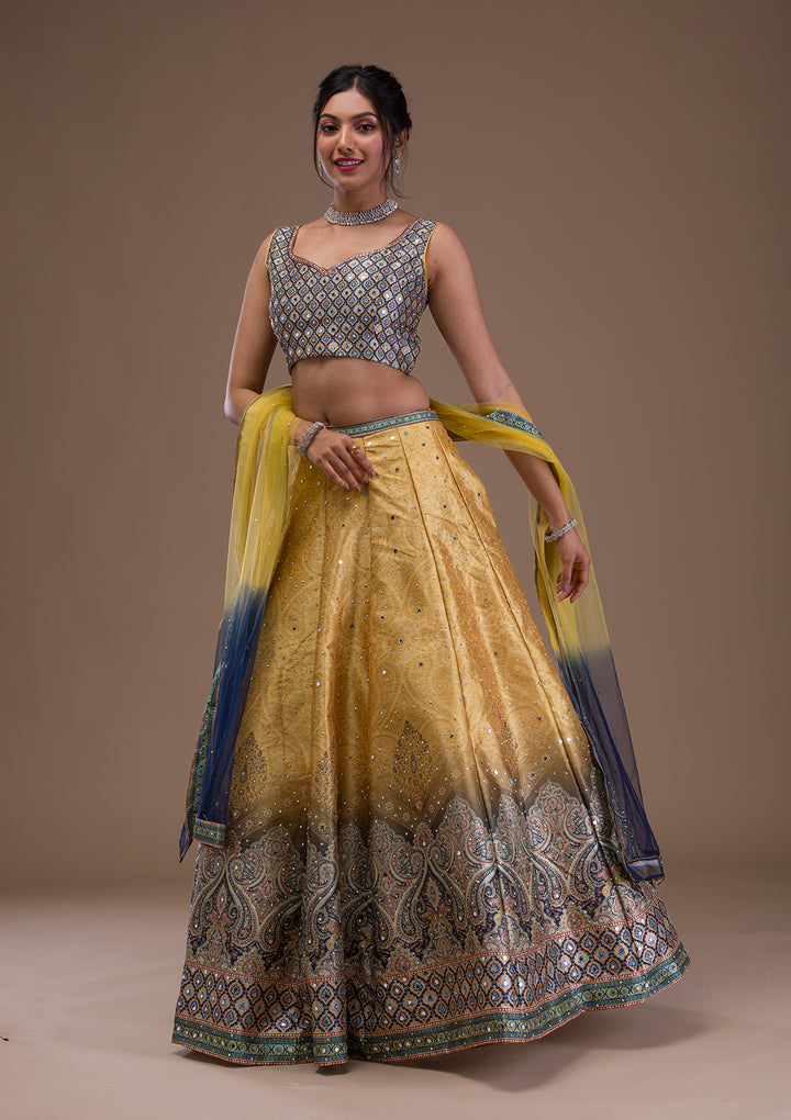 Mustard Mirrorwork Banarasi Readymade Lehenga