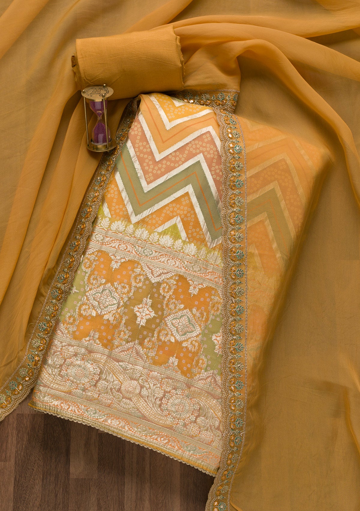 Mustard Printed Banarasi Unstitched Salwar Suit