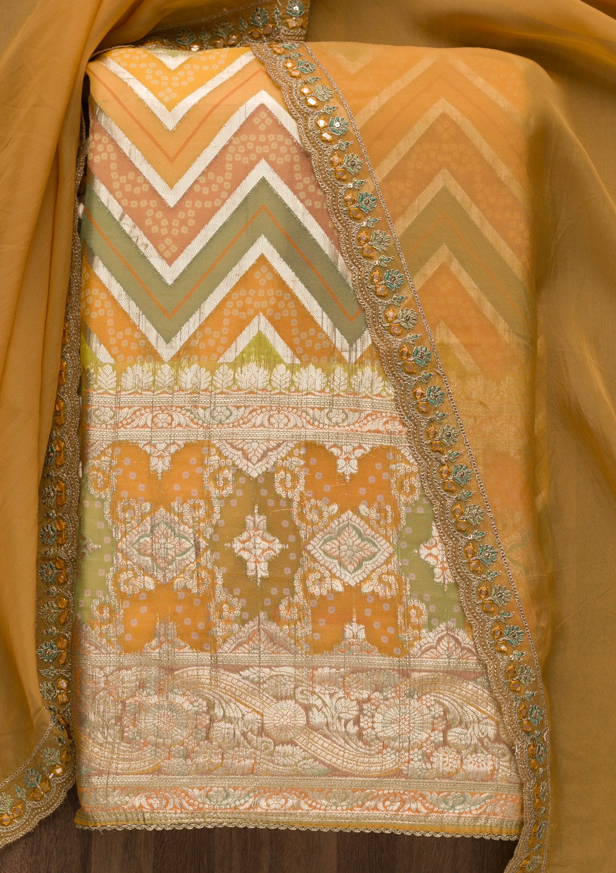 Mustard Printed Banarasi Unstitched Salwar Suit