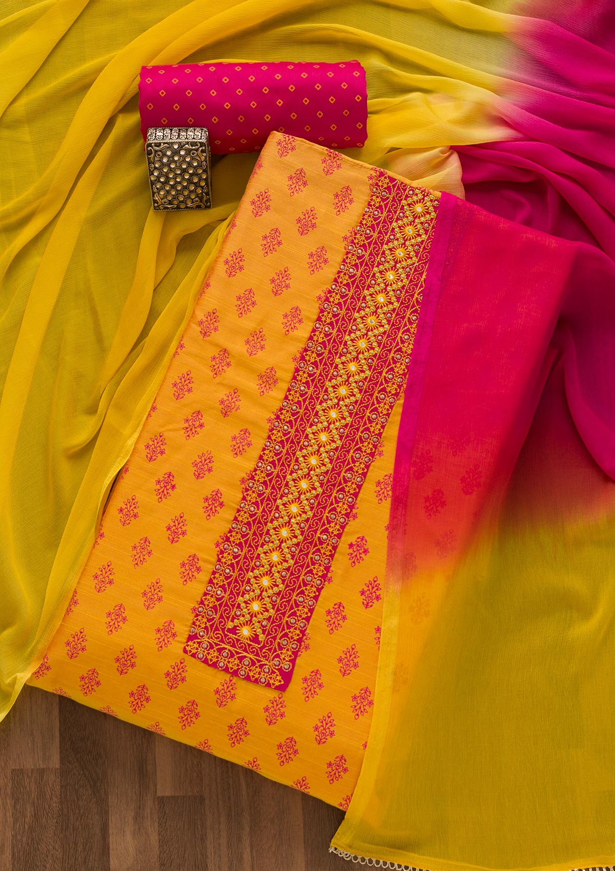 Mustard Printed Chanderi Unstitched Salwar Suit-Koskii