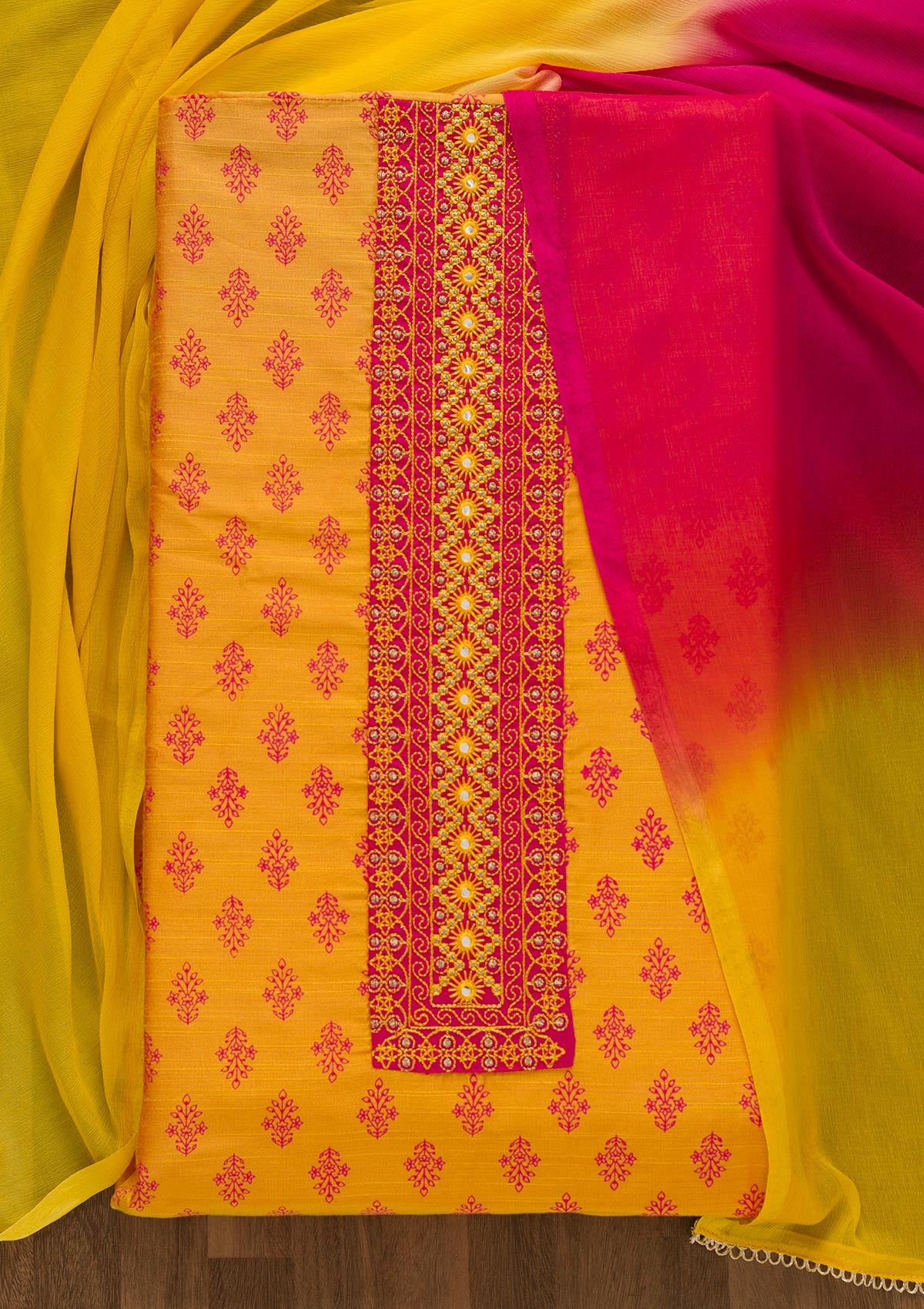 Mustard Printed Chanderi Unstitched Salwar Suit