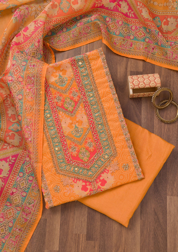 Mustard Printed Chanderi Unstitched Salwar Suit