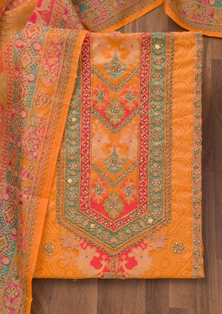 Mustard Printed Chanderi Unstitched Salwar Suit