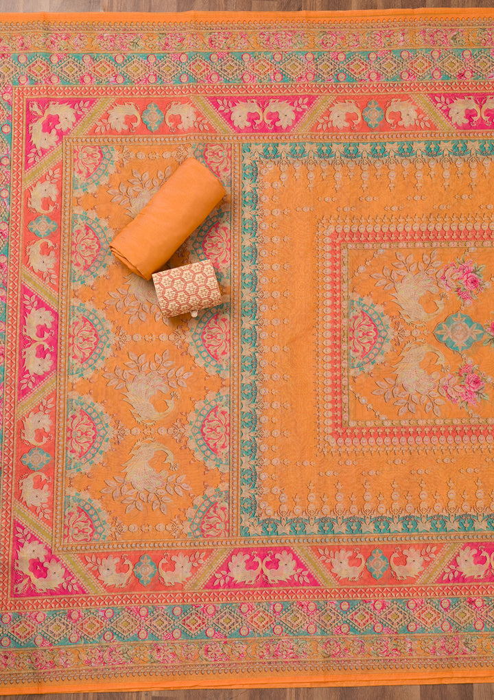 Mustard Printed Chanderi Unstitched Salwar Suit