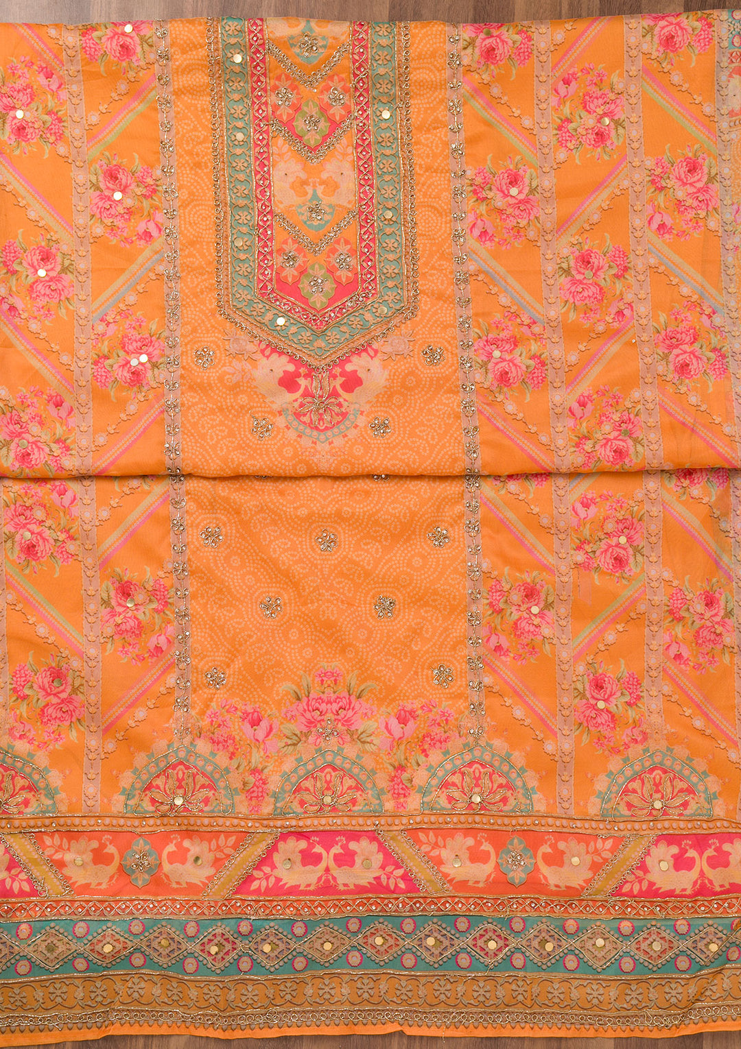 Mustard Printed Chanderi Unstitched Salwar Suit