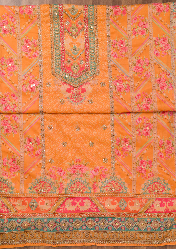 Mustard Printed Chanderi Unstitched Salwar Suit