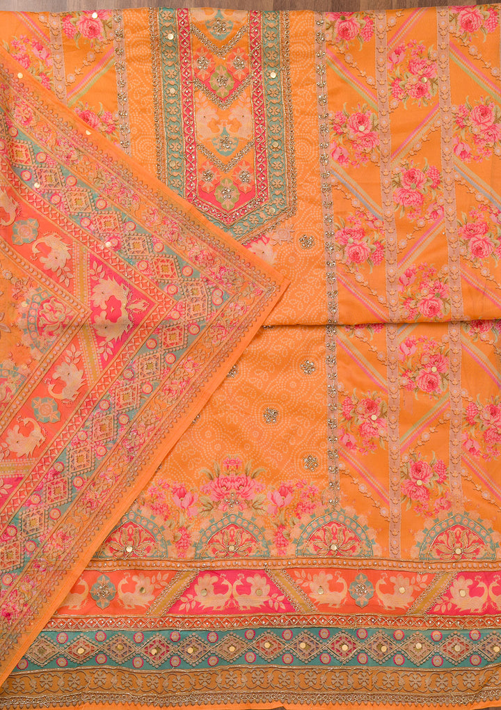Mustard Printed Chanderi Unstitched Salwar Suit